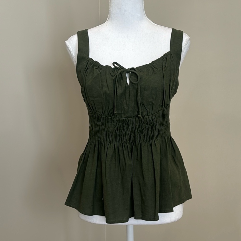 Olive Green Tank Top with Peasant-Style Drawstring Neckline & Smocked Waistline